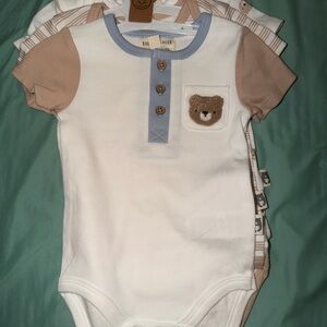 White and Tan Bear Bodysuit with Blue Accents